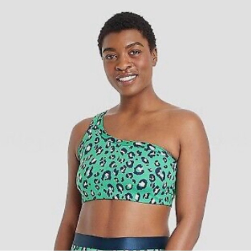 Women's Leopard Print Light Support Brushed Sculpt Asymmetrical Sports Bra